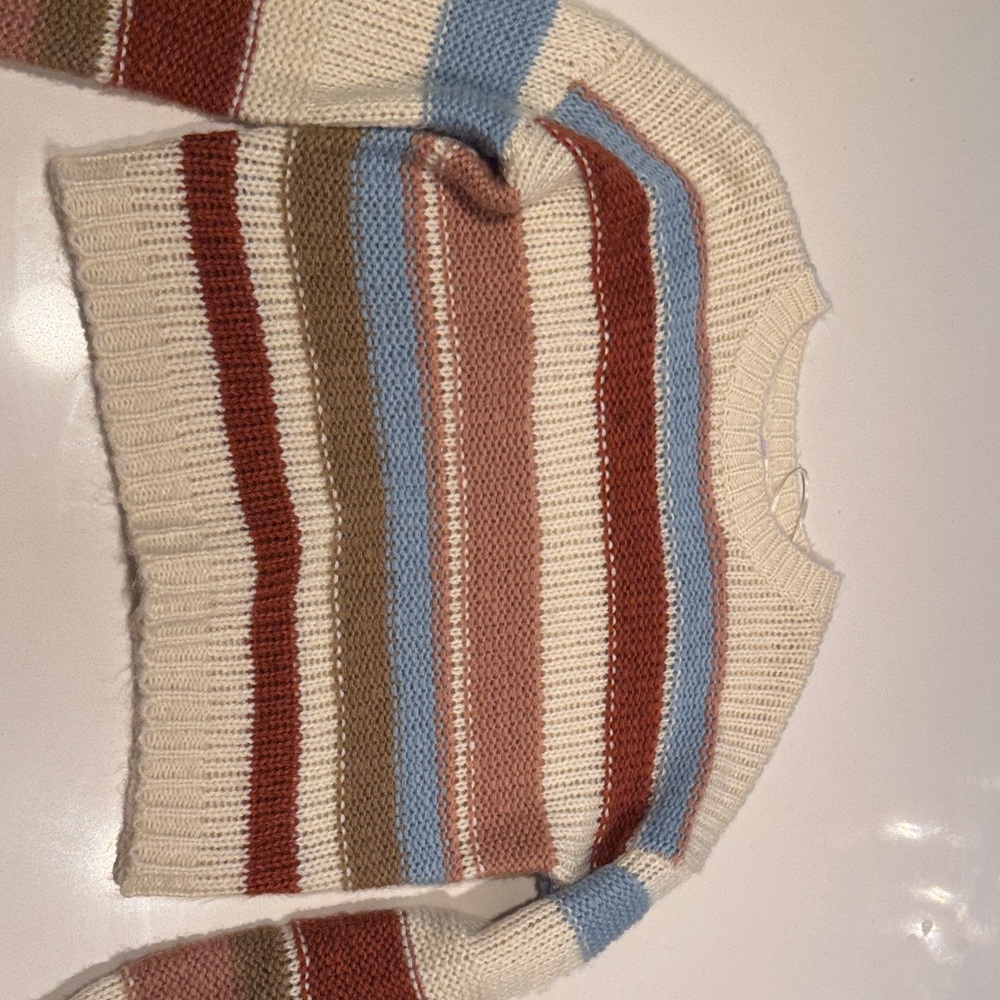 Cozy Striped Knit Sweater - Cream, Brown, Blue